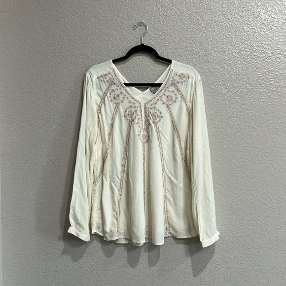 Chico's 2 L 12/14 Top Embroidered Beaded V-Neck Ivory Gauze LS Boho - Picture 1 of 9